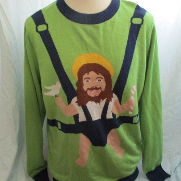 TIPSY ELVES BABY JESUS BIRD CANDY CANE CHRISTMAS Holiday Sweater XXL Green - Picture 1 of 4